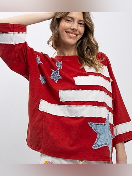 Blue Velvet Tops - Blue Velvet Round Neck Star Patchwork Oversized Shirt